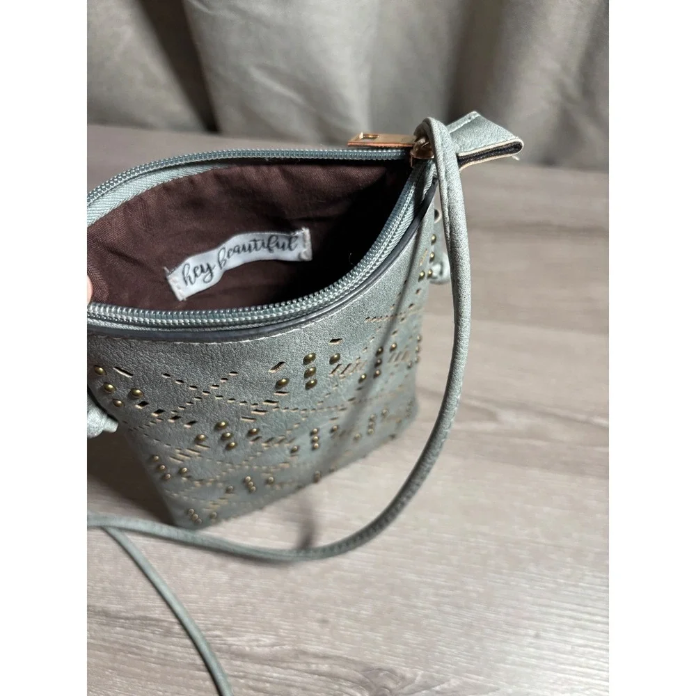 Hey Beautiful Sage Green Laser Cut Studded Crossbody Phone Bag Small Purse Rodeo